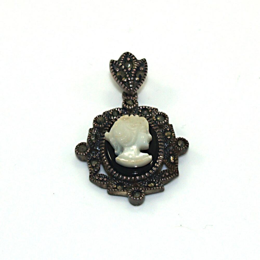 Vintage Mother of Pearl Cameo Onyx Pendant, Marcasite 925 Sterling Silver